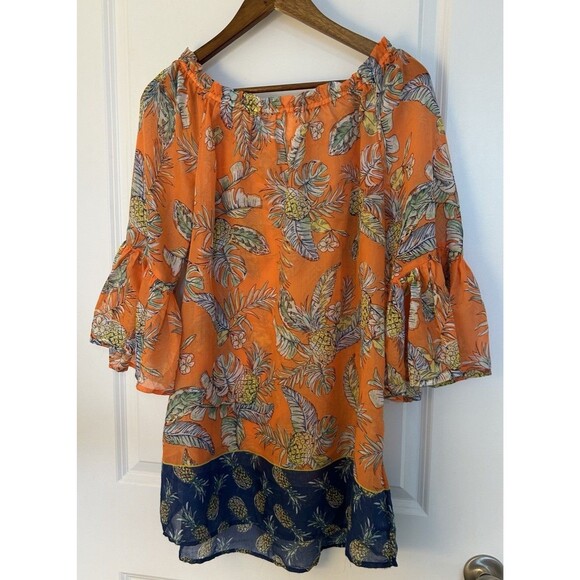 Womens Shirt Medium Boho Orange Tropical Island Hawaiian Flowy Relaxed Pineapple - Picture 5 of 11